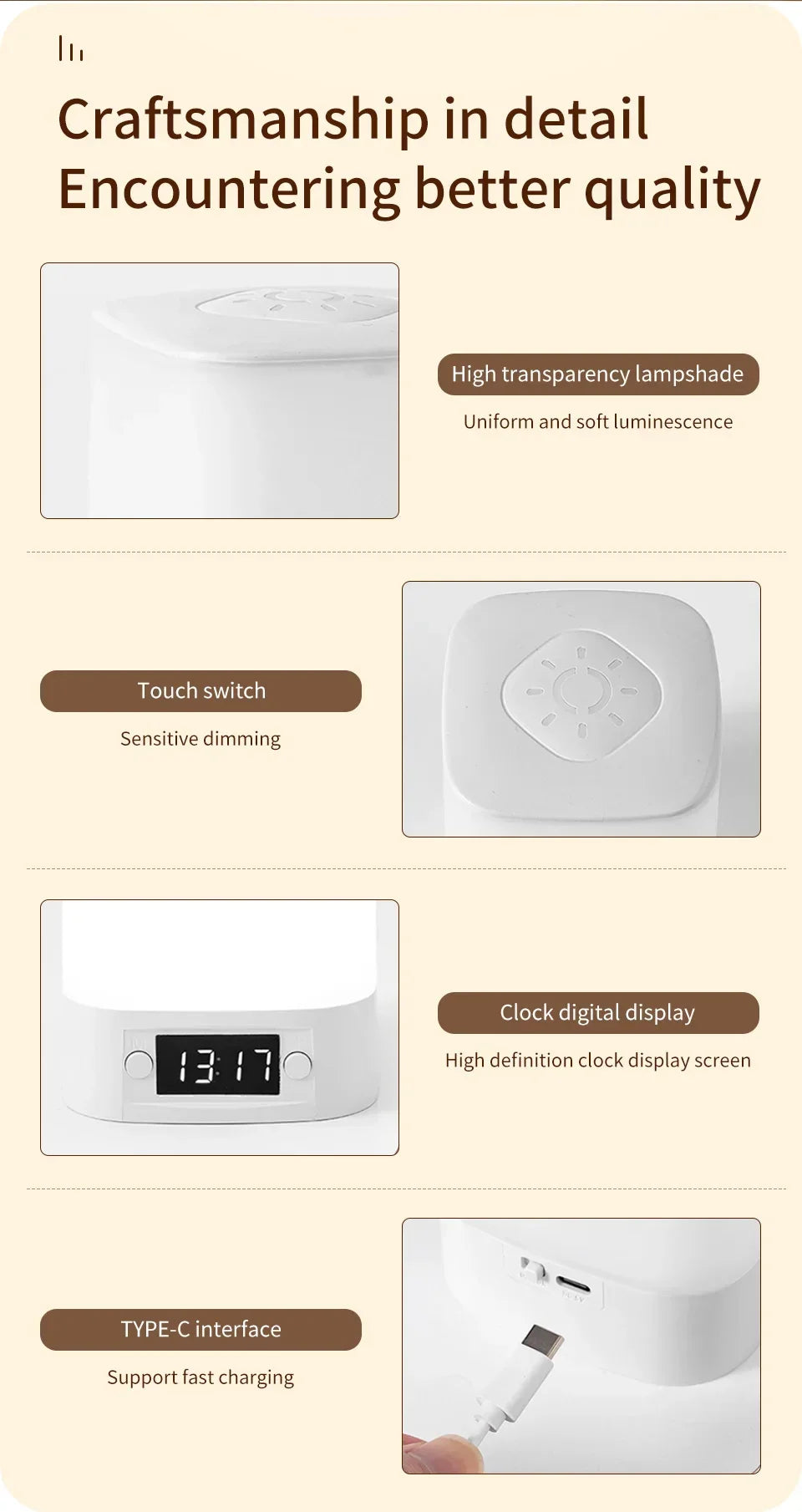 Rechargeable Bedside Lamp with Clock Display