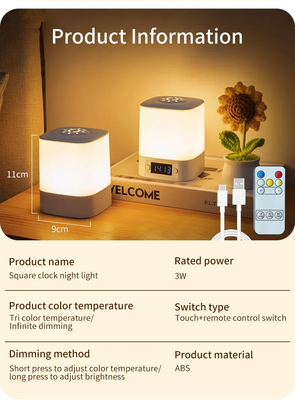 Rechargeable Bedside Lamp with Clock Display